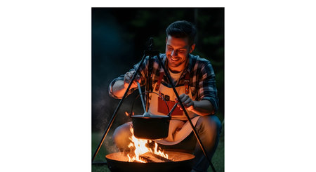 A person in a plaid shirt stirs food in a pot over a glowing campfire, illuminated by the flames.の素材