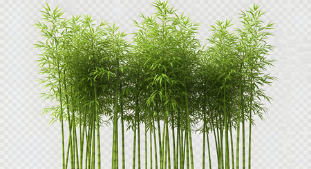 A dense cluster of tall, slender green bamboo stalks with feathery leaves, set against a transparent background.の素材