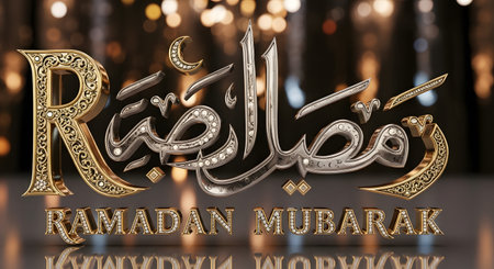Luxurious Arabic calligraphy for Ramadan Mubarak in gold and silver, set against a bokeh background of warm lights.の素材