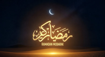Beautiful golden Arabic calligraphy for Ramadan Kareem glows in the dark, illuminated by a subtle crescent moon and starry sky.の素材