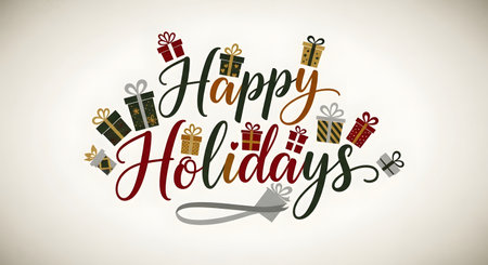 A festive greeting with "Happy Holidays" in elegant script surrounded by colorful gift boxes and a decorative ribbon.の素材