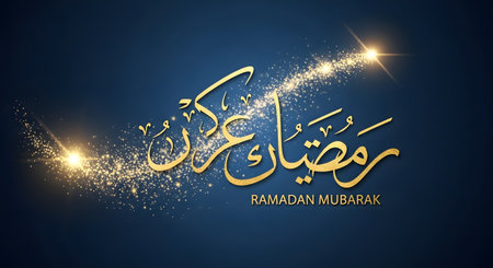 Golden Arabic calligraphy for Ramadan Kareem shines against a dark blue background with bright, sparkling light effects.の素材