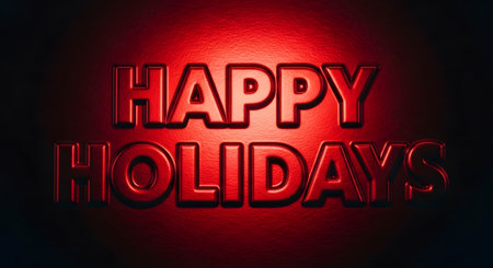 Bold, three-dimensional red lettering spells out "Happy Holidays" with a warm glow against a dark, textured background.の素材