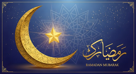 A luminous golden crescent moon and star adorn a dark blue, starry background with ornate Arabic calligraphy for Ramadan Kareem.の素材