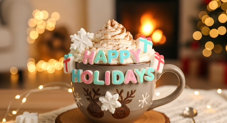 A cozy mug of hot chocolate topped with whipped cream and festive 'Merry Holidays' lettering, set against a warm, blurred holiday background.の素材