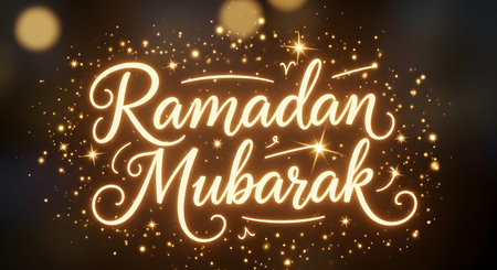 A warm and inviting Ramadan Mubarak greeting illuminated by sparkling golden lights and bokeh effects on a dark background.の素材