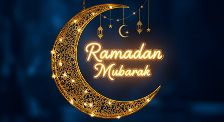 A decorative golden crescent moon illuminated with warm lights, featuring 'Ramadan Mubarak' text and hanging lanterns against a dark blue background.の素材