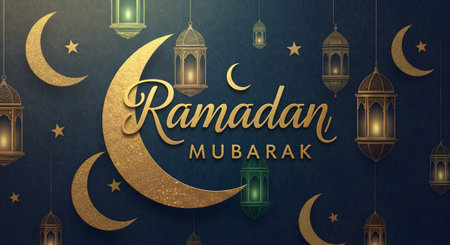 Golden crescent moons and ornate lanterns illuminate a dark background for a Ramadan Mubarak greeting.の素材