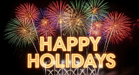 A vibrant fireworks show illuminates the night sky, with glowing golden text proclaiming 'Happy Holidays' in the foreground.の素材