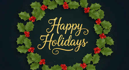 A circular wreath made of green holly leaves and red berries, featuring elegant "Happy Holidays" text in the center.の素材