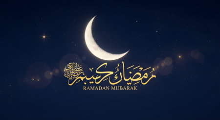 A glowing crescent moon hangs in a dark starry sky above elegant Arabic calligraphy wishing a blessed Ramadan.の素材