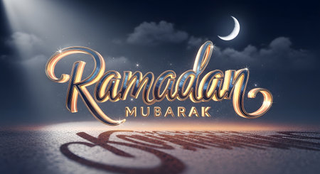 Golden calligraphy of Ramadan Mubarak shines brightly under a spotlight with a crescent moon in the cloudy night sky.の素材