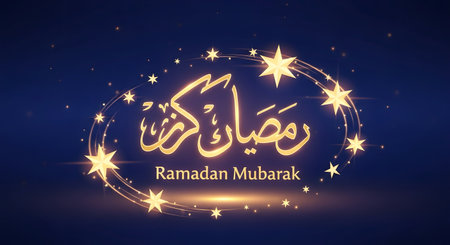 Golden Arabic calligraphy for Ramadan Kareem surrounded by sparkling stars and glowing lights on a dark blue background.の素材