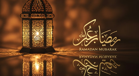 A glowing, ornate lantern sits beside elegant Arabic calligraphy, casting warm light and reflections on a polished surface, evoking Ramadan.の素材