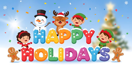 A vibrant illustration featuring a snowman, reindeer, elves, and gingerbread men wishing everyone happy holidays amidst falling snow and a decorated Christmas tree.の素材