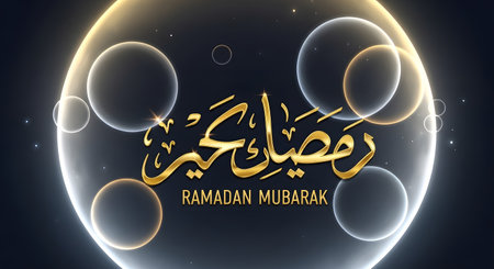 Elegant golden Arabic script for Ramadan Mubarak is set against a dark background with glowing, ethereal bubbles.の素材