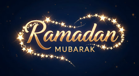 A beautiful Ramadan Mubarak greeting featuring elegant golden text surrounded by a glowing heart-shaped outline of stars and shimmering particles.の素材