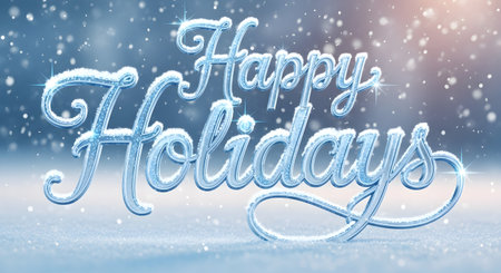 Text that reads Happy Holidays is formed from ice, set against a soft, snowy winter background with falling snowflakes.の素材