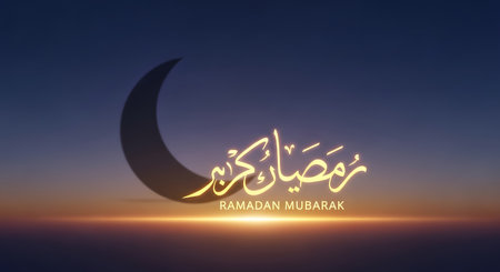 A glowing crescent moon and elegant Arabic calligraphy for Ramadan Kareem are set against a warm sunset sky with a bright horizon.の素材