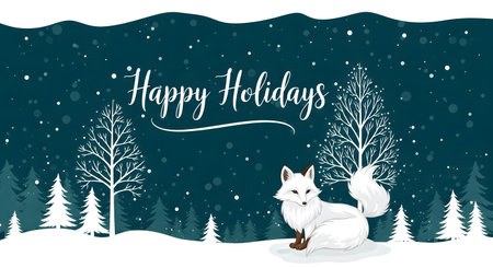 A festive winter scene with a white fox in a snowy forest, adorned with the words Happy Holidays.の素材