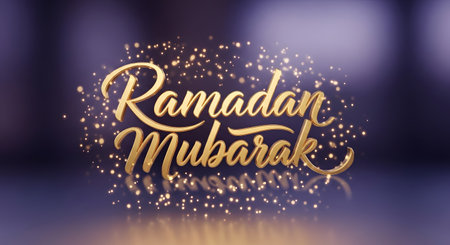 A beautiful golden calligraphy of Ramadan Mubarak surrounded by sparkling lights and bokeh effects on a dark background.の素材