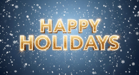 Golden, illuminated text reads "Happy Holidays" with a shimmering effect against a dark blue background filled with falling snow.の素材