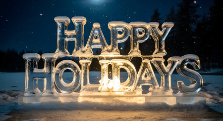 A glowing ice sculpture spelling out "Happy Holidays" sits in the snow under a dark, starry sky, illuminated from within.の素材
