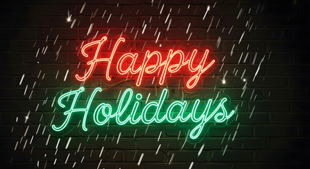 A vibrant neon sign in red and green glows against a dark brick background, with a simulated falling snow effect.の素材