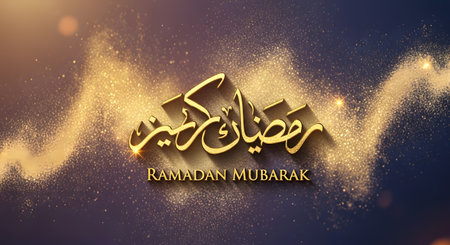 Golden Arabic calligraphy for Ramadan Mubarak shines against a dark, sparkling, and ethereal background with golden dust effects.の素材