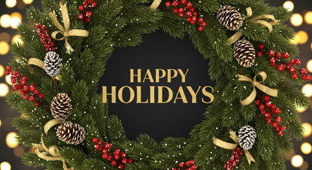 A lush green Christmas wreath adorned with pine cones and red berries, featuring a central "Happy Holidays" message against a dark background with soft bokeh lights.の素材