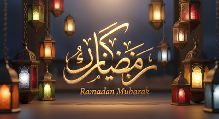 Golden Arabic calligraphy for Ramadan Mubarak surrounded by glowing traditional lanterns, creating a festive and spiritual atmosphere.の素材