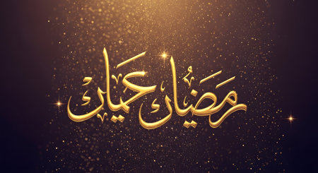Golden Arabic calligraphy spelling Ramadan Kareem with a dark, sparkling background, evoking a sense of celebration and spirituality.の素材