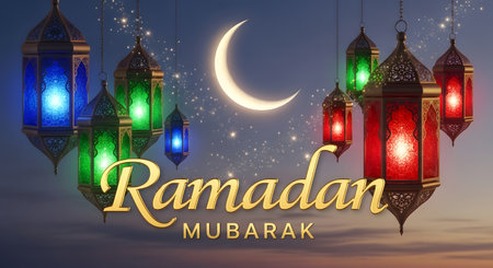 Illuminated Ramadan lanterns in vibrant colors hang against a night sky with a crescent moon and twinkling stars.の素材