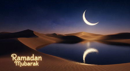 A glowing crescent moon illuminates a serene desert landscape with a tranquil body of water reflecting its light. Ramadan Mubarak text is visible.の素材