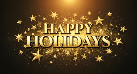 Golden text reads Happy Holidays surrounded by shimmering stars and glitter on a dark, festive background.の素材