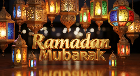 A festive display of illuminated Ramadan lanterns surrounds golden 'Ramadan Mubarak' text, creating a warm and celebratory atmosphere.の素材