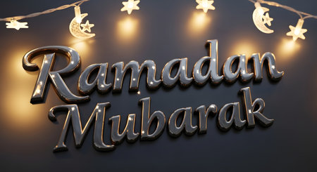 Metallic 3D text reads Ramadan Mubarak, illuminated by warm, glowing crescent moon and star-shaped fairy lights against a dark background.の素材
