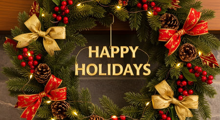 A beautifully decorated Christmas wreath featuring a "Happy Holidays" sign, pinecones, red berries, and festive red and gold bows.の素材