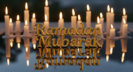 Golden Ramadan Mubarak text glows brightly surrounded by numerous lit candles, reflecting on a dark surface.の素材
