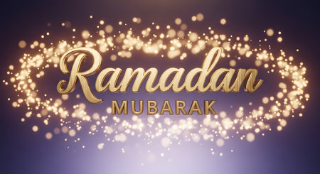 Elegant golden text "Ramadan Mubarak" is illuminated by a halo of shimmering golden lights against a soft purple background.の素材