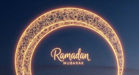 An ornate, illuminated archway with intricate Arabic calligraphy and sparkling stars against a dark blue night sky.の素材