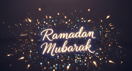 A festive greeting for Ramadan Mubarak with glowing script and a backdrop of sparkling lights and fireworks.の素材