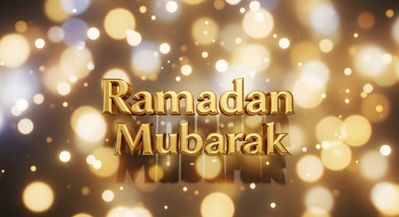 Golden embossed text 'Ramadan Mubarak' shines against a warm, blurred background of bokeh lights, creating a festive and celebratory atmosphere.の素材