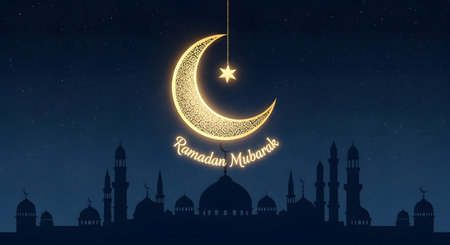 A luminous crescent moon with Arabic calligraphy hangs above a silhouetted cityscape featuring mosques and minarets against a dark, starry night sky.の素材