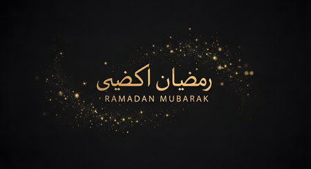 A dark background features elegant Arabic calligraphy for Ramadan Kareem, accented by scattered golden glitter.の素材