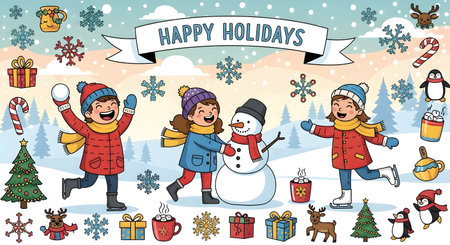 A festive scene with children playing in the snow, building a snowman, surrounded by holiday decorations and winter elements.の素材