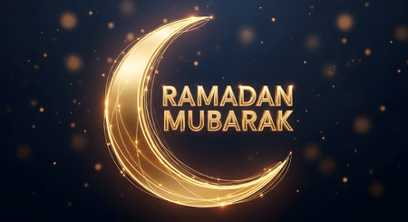 A glowing golden crescent moon shines brightly against a dark background, illuminated by sparkling bokeh lights and the text Ramadan Mubarak.の素材