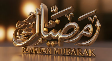 A 3D golden Arabic calligraphy of 'Ramadan Mubarak' sits on a reflective surface with a warm, blurred background.の素材