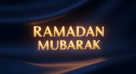 Glowing golden text "Ramadan Mubarak" is displayed prominently on a dark blue, flowing fabric background with subtle orange highlights.の素材