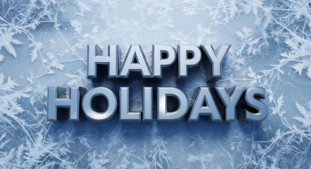 Three dimensional metallic text spelling 'Happy Holidays' is centered on a background of frosty ice patterns.の素材
